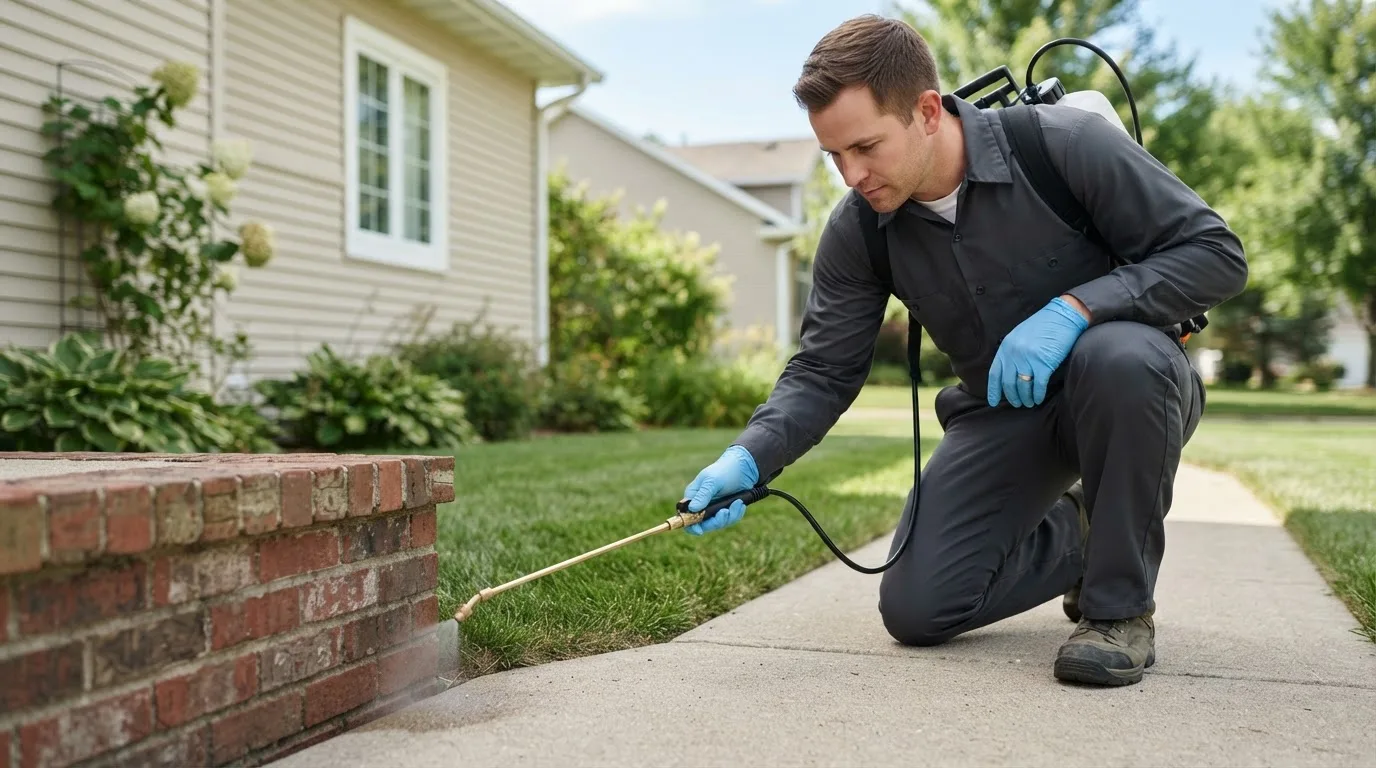 Pest control technician treating a home near Avinger, TX