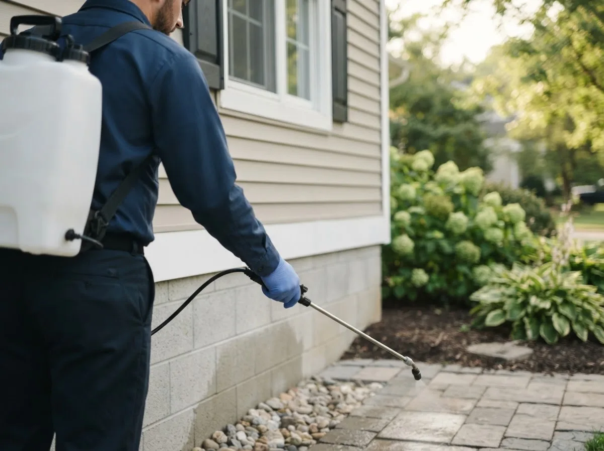 Pest control technician inspecting a home in Avinger, TX